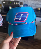 Women’s Neon Blue Trucker Hat with Beaded Chain