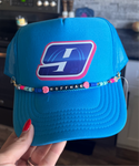 Women’s Neon Blue Trucker Hat with Beaded Chain